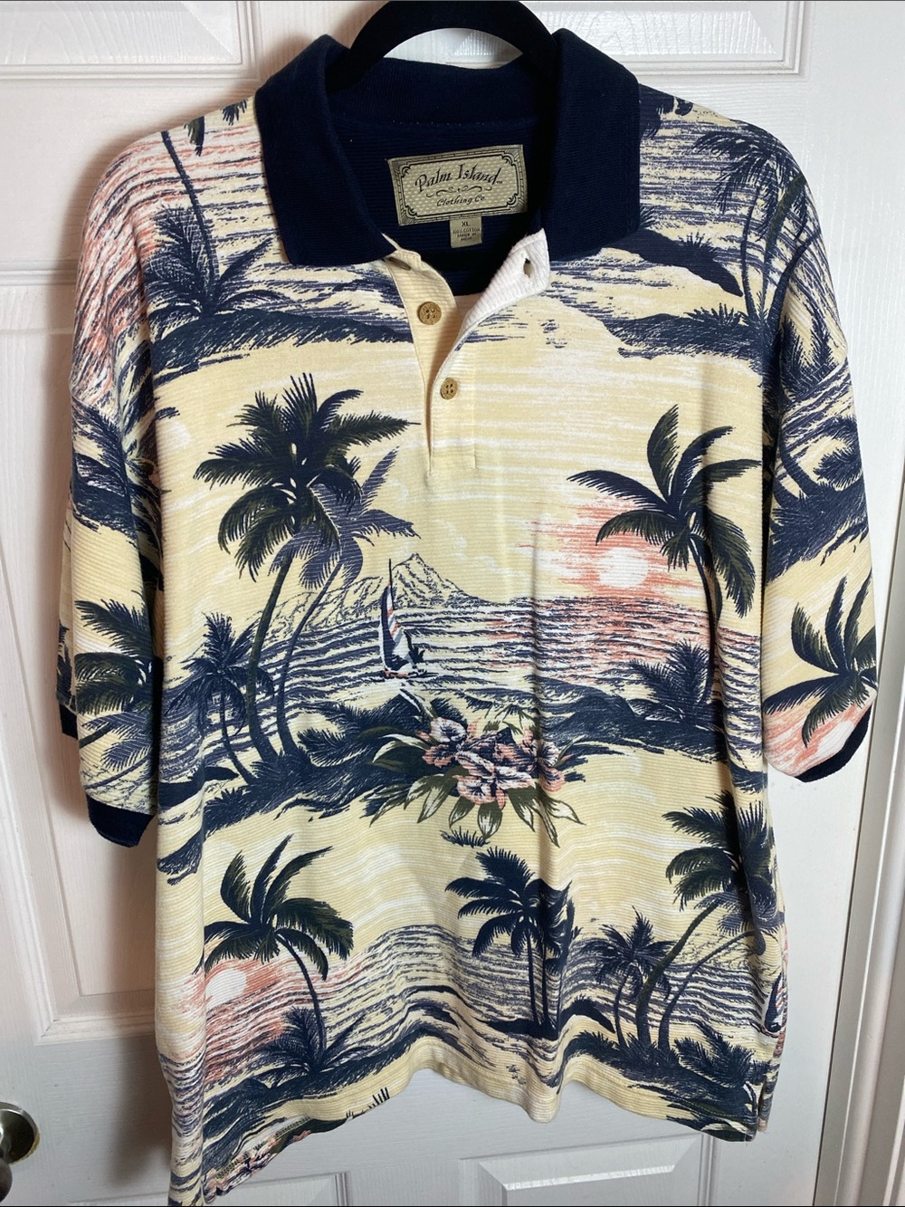 Palm Island Men's Navy & Cream Tropical Print Polo 100% Cotton Size XL